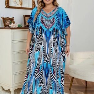 Women’s all over print batwing sleeve Vneck boho casual Moomoo  dress plus size
